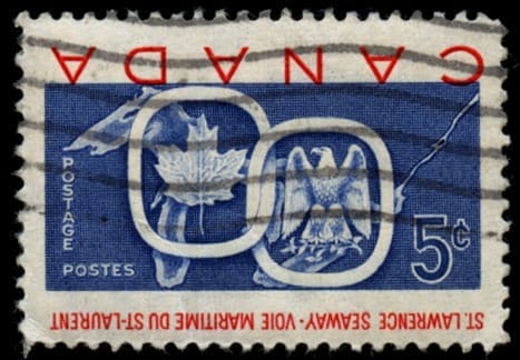 Famous, rare 5¢ St. Lawrence Seaway stamp, inverted centre, used with machine cancel.